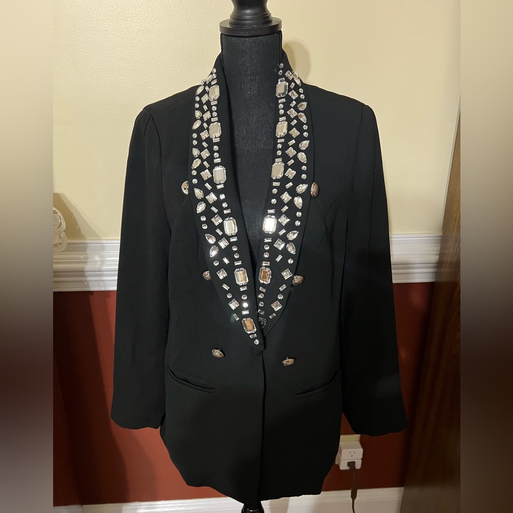 Midnight Velvet Rhinestone Blazer Black One Button Single Vent.